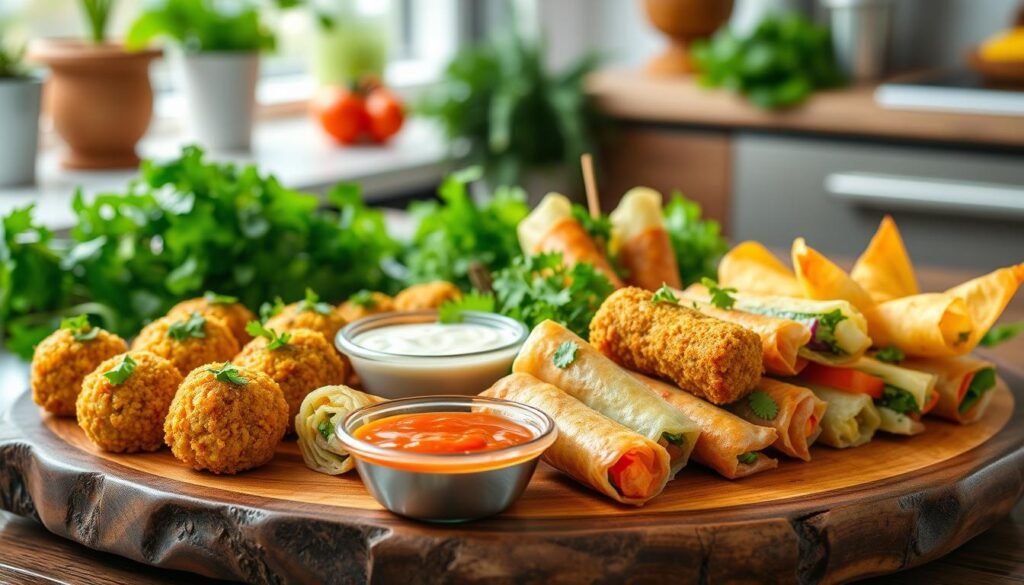vegetarian appetizers, including golden-brown falafel balls, lightly breaded zucchini fritters, and colorful vegetable spring rolls, arranged elegantly on a rustic wooden platter. Garnished with fresh herbs and served with small bowls of tangy dipping sauces