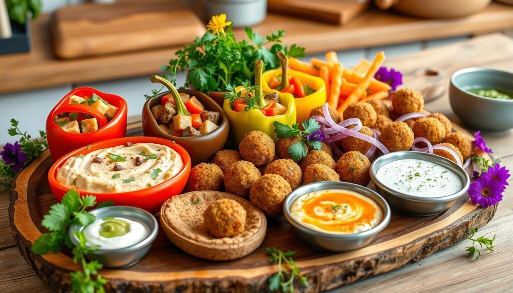 appetizers displayed on a rustic wooden platter, featuring colorful stuffed bell peppers, hummus with fresh vegetables, crispy falafel balls, and a variety of dips