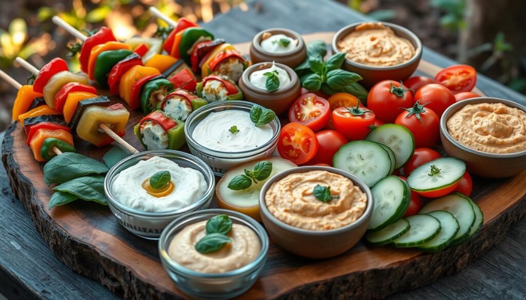 A vibrant display of assorted no-cook vegetarian appetizers on a rustic wooden platter, featuring colorful vegetable skewers, stuffed mini bell peppers with cream cheese, a variety of hummus dips in small bowls, fresh cherry tomatoes and basil leaves, and crispy cucumber slices garnished with herbs, set against a natural background with soft lighting.