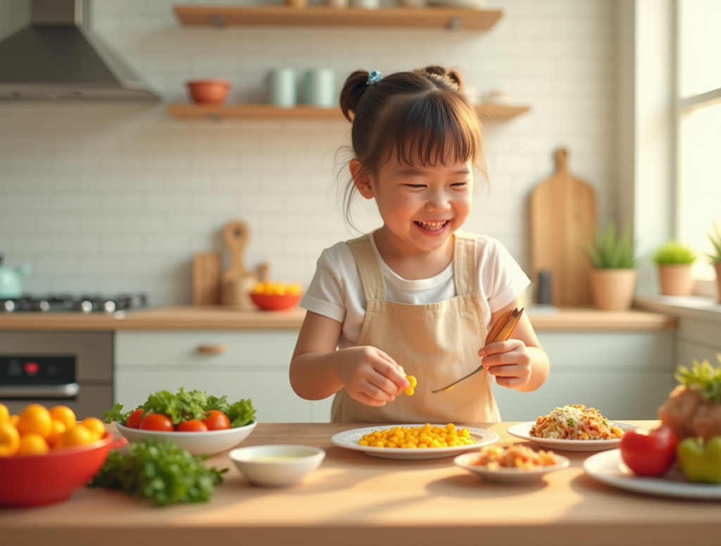 Stress-Free 10 Quick and Easy Recipes for Busy Families' ingredients scattered on a clean countertop. Modern kitchen with pastel colors