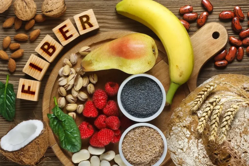 High Fiber Foods -A colorful array of fiber-rich foods, including vegetables, fruits, and whole grains.